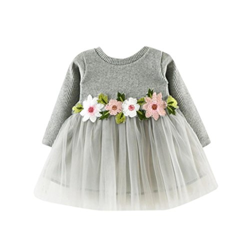 Kehen Baby Girl Embroidery Flowers Tulle Knitted Long Sleeve Tutu Dress (3/6M, Grey)