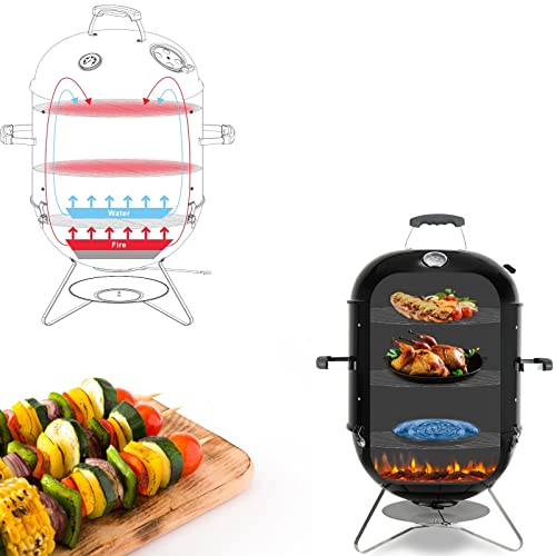 Foto von Räucherofen, Smoker, Räuchertonne, 64,5 * 47,5 * 90 cm, inkl. Wasserschale, 2 Grillrost（φ 44 cm）, regulierbar Luftabzug und Thermometer, 3-in-1Holzkohlegrill,für Räuchern, Grillen & Garen