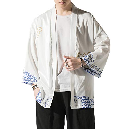 Image of Men's Japanese Kimono Robe Jacket Lightweight 3 /4 Sleeve Open Front Yukata | Silky Smooth Fashion Print Happi Coat Lightweight Breathable Loose Unisex Haori Casual Summer Cardigan Daily Beach Vacation