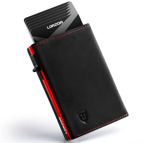 LORZOR Wallet for Men with Metal Card Holder, TriPop Wallet, Finest Full Grain Leather Trifold Wallet, Smart, Minimalist, Pop Up, RFID Blocking, Front Pocket, ID Window, Black/Red