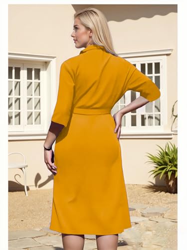 Image of Hostoyo Plus Size Wrap Dress Elegant Pleated Formal Midi Dresses Suit Collar 3 /4 Sleeve Belted Casual Church Outdoor Office