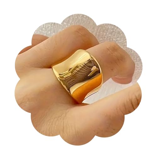 Snuhlzvm 9mm 14K Gold Plated Chunky Ring for Women, Fashion Statement Jewelry, Stackable Band, Minimalist Wide Ring
