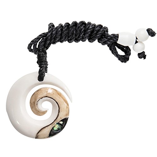 Hand Carved Koru Real Bone Pendant with Genuine Abalone Shell - Black Cord Hawaii Necklace - Maori Style Jewelry - Round Spiral Swirl Surfer Necklace for Men - Natural Accessories2