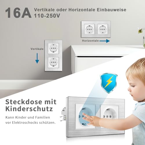 Prise Schuko double encastrable avec griffes CNBINGO aluminium argentée