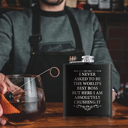 Touner I Never Asked To Be The World's Best Boss Hip Flask For Shot Drinking Of Alcohol Whiskey And Vodka, Boss Coworkers Gifts, Wedding Valentine's Christmas Gift, Boss Hip Flask #TOP4