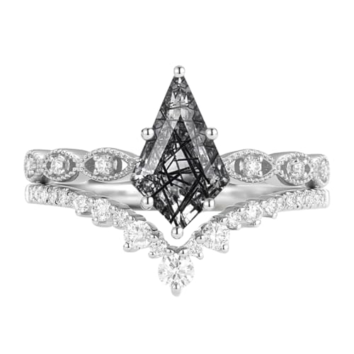 1/1.5/2 Carat Kite/Pear Cut Black Rutilated Quartz Wedding Ring Set for Women S925 10K 14K 18K Gold Black Rutilated Quartz Engagement Rings Unique Bridal Set Promise Rings for Her