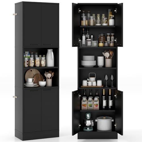 COSTWAY Buffet Cuisine Haut 190 cm, Meuble Cuisine Rangement, 2 Placard Rangement, 2 Doubles Portes, 6 Etagères, Kits Anti-Basculement, Vaisselier, Armoire...