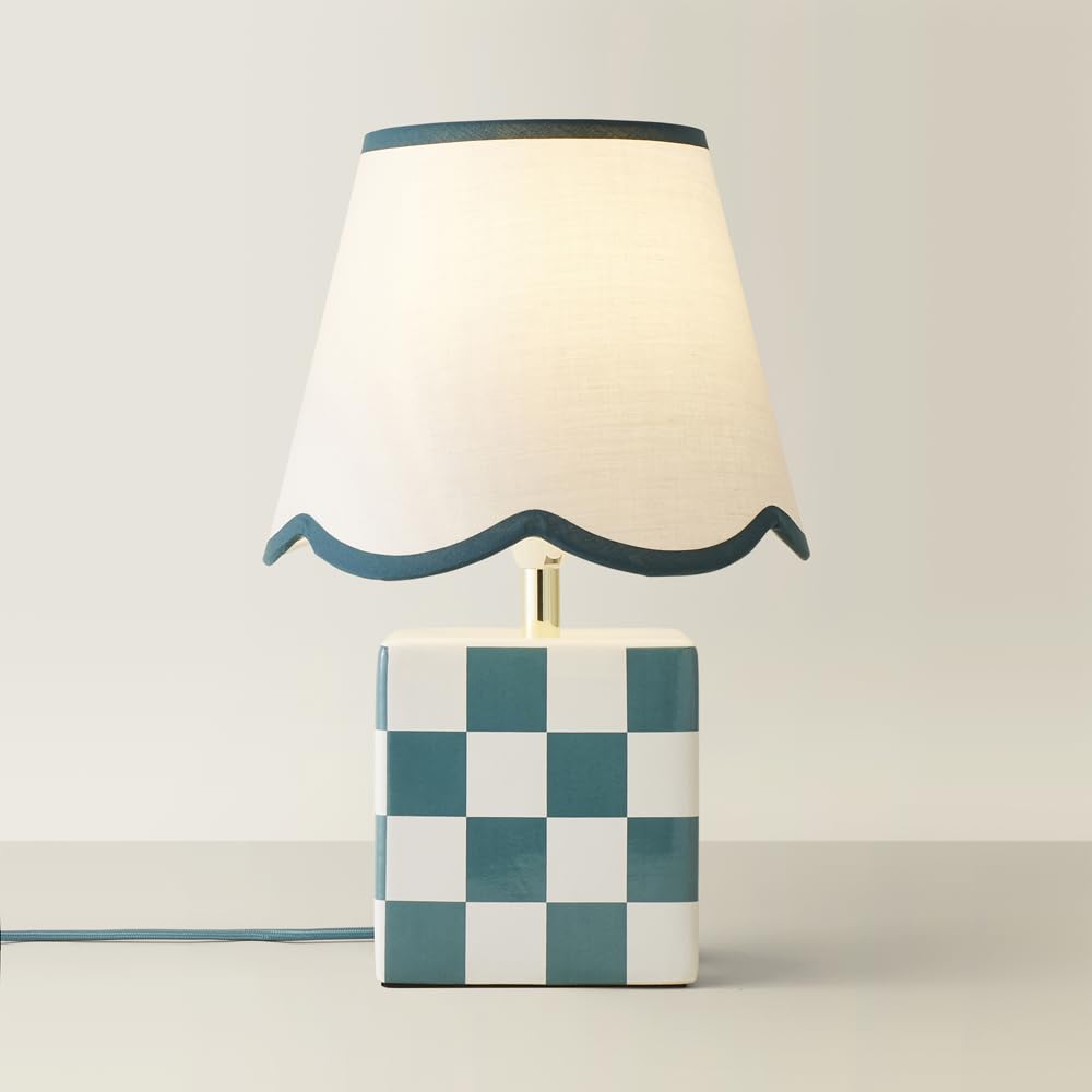ValueLights Evie Check Cube Table Lamp with Trim Linen Scallop Lamp Shade & Bulb in Green