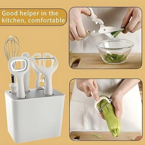 Elvana Kitchen Gadgets Set, 5 Pieces Kitchen Utensils Set with Holder, Paring Knife, Whisk, Bottle Opener, Peeler, Scissors | Home Kitchen Gadgets (White) offers donot miss
