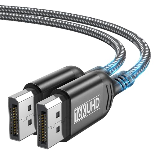 SROMGEE DisplayPort Cable 2.1 10FT, 80Gbps DP Cable 16K@60Hz 8K@240Hz 4K@240Hz, Braided Nylon DisplayPort 2.1 Cable, HDR10 DSC 1.2a G-Sync FreeSync, RTX 4090 5080 5090 RX 7900XTX Gaming Monitor