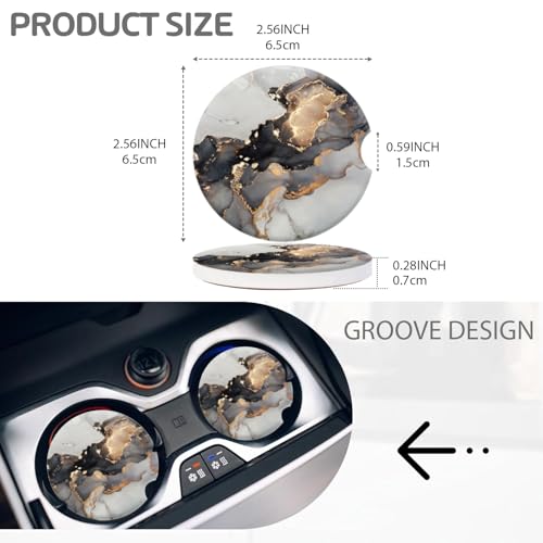 Portavasos para carro cerámico patrón mármol líquido negro dorado gris 2.56 in pack 2 miniatura 3