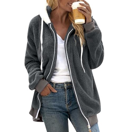 Fuzzy Fleece Jackets for Women Plus Size Hoodies Fall Winter Coats Color Block Patchwork Cardigan Coat with Pockets