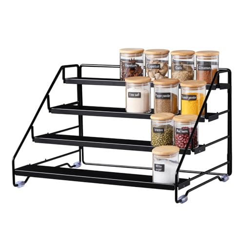 LXAIZHM Gewürzregal, 4 Etagen Gewürzständer Ohne Bohren Metall Einstellbar, Spice Rack Stehend für Küchenschrank und Arbeitsplatte Organizer, Schwarz