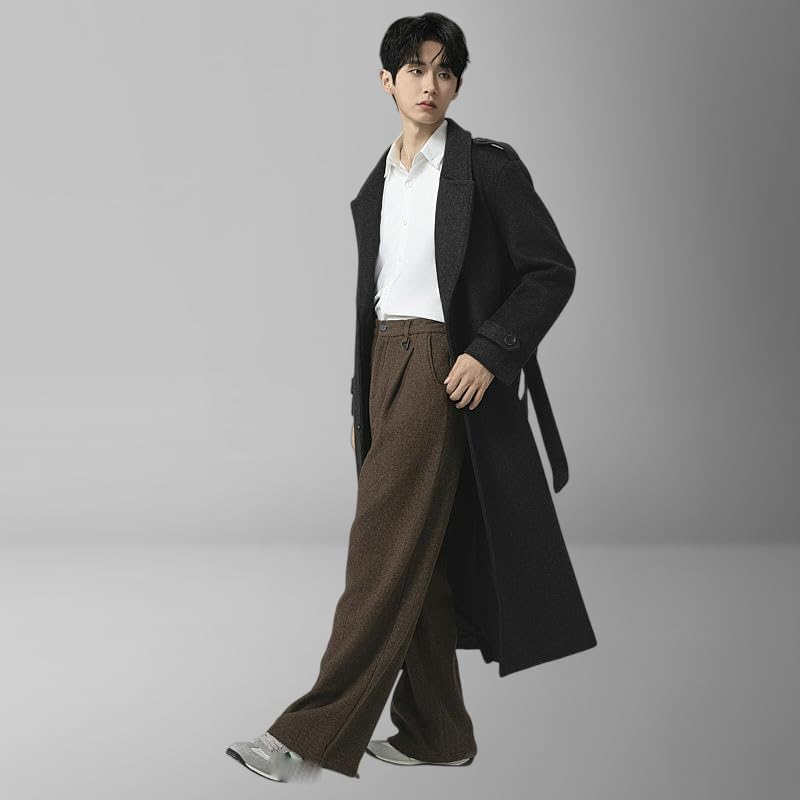 Gabardina de lana coreana contra el frío abrigo negro suelto masculino S 4