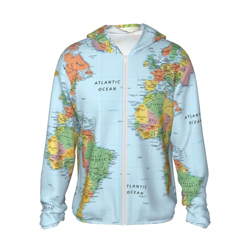 Men'S Outdoor Lightweight Uv Sun Protection Jacket,World Map Long Sleeve Hooded Shirt