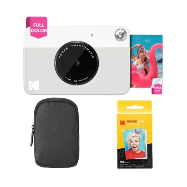 KODAK Printomatic Full-Color Instant Print Camera Starter Bundle + Carrying Case + Zink 20pk Photo Paper – Colorful Photos On 2×3 Sticky-Back Paper – Fun Gift for Birthday Christmas Holiday – Grey