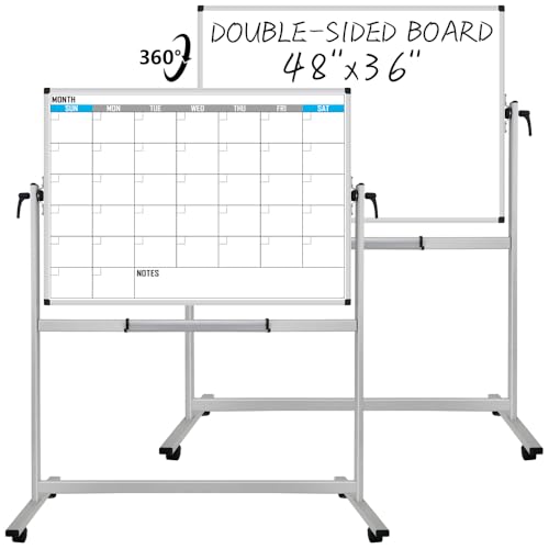 Image of XBoard Magnetic Mobile Whiteboard, Double Sided Magnetic Dry Erase White Board on Wheels, Large Portable Easel with Stand and Aluminium Frame for Home School Office (Calendar 48x36-Inch)