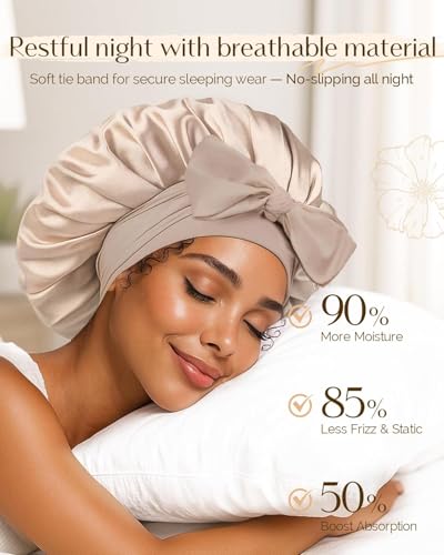 Image of Soft Silk Bonnet With 3 Scrunchies, Adjustable Silky Hair Cap for Sleeping, Satin Bonnet for Curly Hair With Soft Jersey Fabric Tie Band (Rose) (Rose)