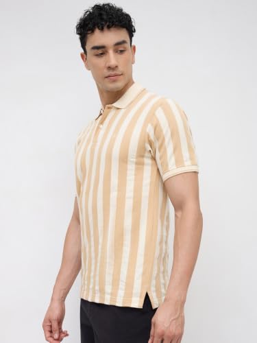Image of Raymond Men Modern Fit Stripe Pattern Pure Cotton Polo Neck Half Sleeve Casual T-Shirt