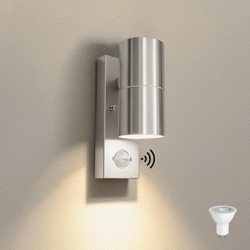 JNR Edelstahl LED Außenlampe mit PIR Bewegungsmelder, IP54 Wasserdichte Außenleuchte mit Bewegungsmelder 230V, Aussenlampe inkl. 5W GU10 3000K...