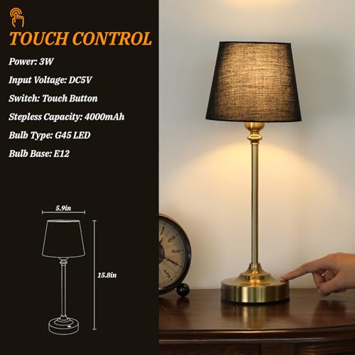 Image of Kakanuo Cordless Table Lamps Rechargeable Set - 2 Pack Brass 4000mAH Battery Operated Lamps for Decor, 3000K Stepless Dimming Touch Wireless Lamp for Bedroom, Dining Table, Living Room, Black Shade