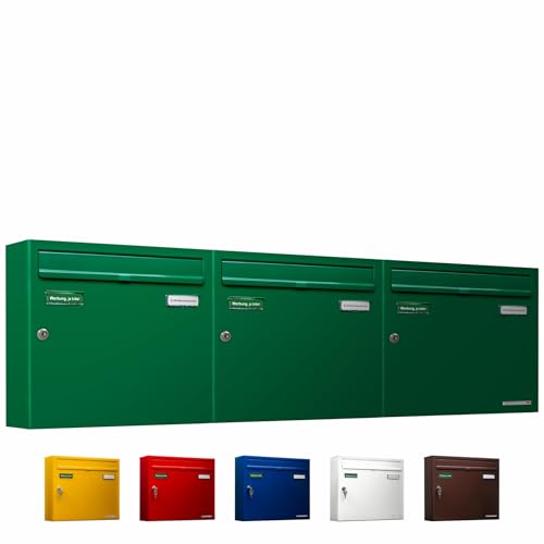 AL Briefkastensysteme Basic 3er Briefkasten RAL 6005 Moos Grün 3 Fach DIN A4 wetterfest Briefkastenanlage mit Posthaltebügel und 2 Namensschildern