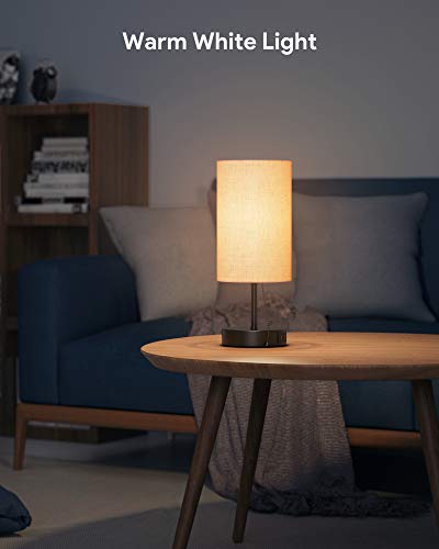 AUKEY Table Lamp, Fabric Shade Bedside Lamp with Warm White E26 LED Bulb and Dual USB Charging Ports for Bedrooms, Living Rooms, and Offices