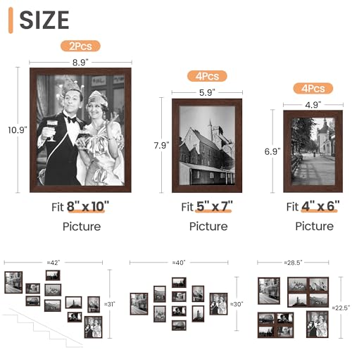 Image of upsimples Picture Frames Set of 10, Including 8x10, 5x7, 4x6 Brown Frame | Multi Picture Frames Collage Wall Decor, Gallery Wall Frame Set, Gift For Christmas, Mothers' day, Wedding, Dorm, Living Room