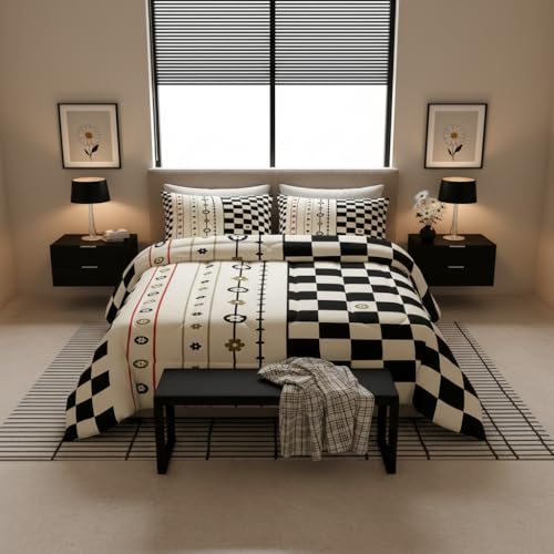 Manfei Geometric Grids Comforter Set King Size,Cute Daisy Flowers Abstract Bedding Set 3 Pcs for Adults,Beige Black Stripes Checker Plaids Patchwork Comforter,2 Pillowcases