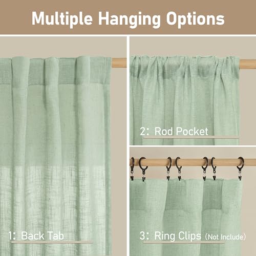 LAMIT 40 Inch Length Linen Curtains for Small Windows, Semi Sheer Light Filtering Panels Back Tab and Rod Pocket Neutral Drapes for Basement/Window/Loft Room, Fresh Green, 2 Panels, 34 x 40 Inch