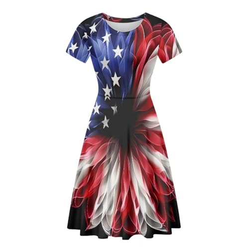 Image of POLERO Women Puffy Swing Elegant Party Midi Dresses Short Sleeve Round Neck A-Line Dress
