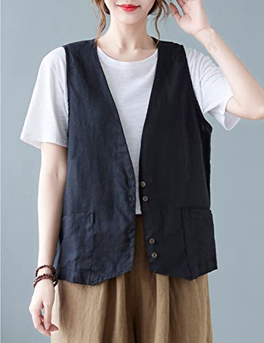 Bozanly Women's Sleeveless Button Down Vest Casual V Neck Cotton Linen Blazer Jacket With Pockets(0455-Black-L) #TOP3