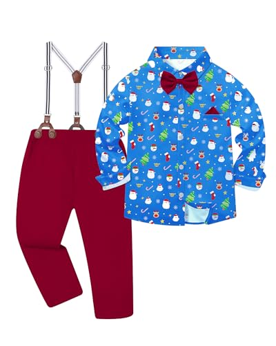 DISAUR Boys Christmas Outfit Formal Dress Blue Santa Claus Print Shirt with Bowtie+Suspender Red Pants Boy Gentleman Church Photoshoot Wedding Birthday Outfits Size 11 12