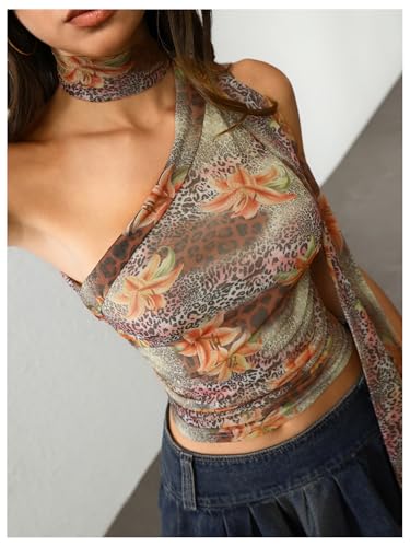 Image of RoseSeek Women's Y2K Leopard Polka Dots Halter Asymmetrical Neck Crop Tops | One Shoulder, Slim Fit, Sleeveless, Cheetah Print, Summer Tops, Scarf Tops, Party, Going Out Tops