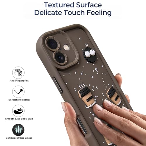 Image of SHINESTAR Back Cover for iPhone 16 Plus - 3D Cartoon Coffee & Eyes Design | Soft Silicone Shockproof Case with Full Camera Protection | Cute & Playful Phone Cover - Brown