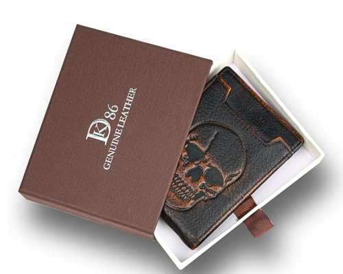 Image of DK86 Skull Wallet for Men with Money Clip Genuine Leather Bifold RFID Blocking Mens Slim Front Pocket Wallet with Hand Burnished