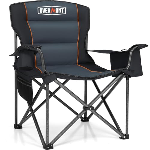 OVERMONT 204kg Oversized Camping Folding Chair for Adults with Cooler Bag & Carry Bag-Heavy Duty Lawn Chair with Cup Holder Support 450 LBS with High Back Comfy for Garden Picnic Beach