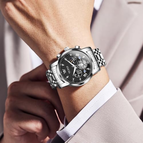 Image of OLEVS Men Watches Stainless Steel Chronograph Watch, Large Wrist Analog Quartz Watch, Fashion Waterproof Diamond Roman Numerals Dress Watches for Men, Gold /Black /White /Blue /Grey Dial