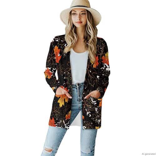 Image of Fall Maple Leaf Cardigan Sweaters for Women Long Sleeve Cardigan Soft Drape Open Front Dusters V-Neck Jackets Dressy