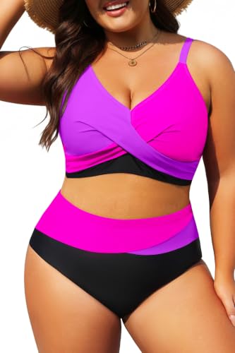 Image of Tempt Me Plus Size High Waisted Two Piece Swimsuit Color Block Bikini Set