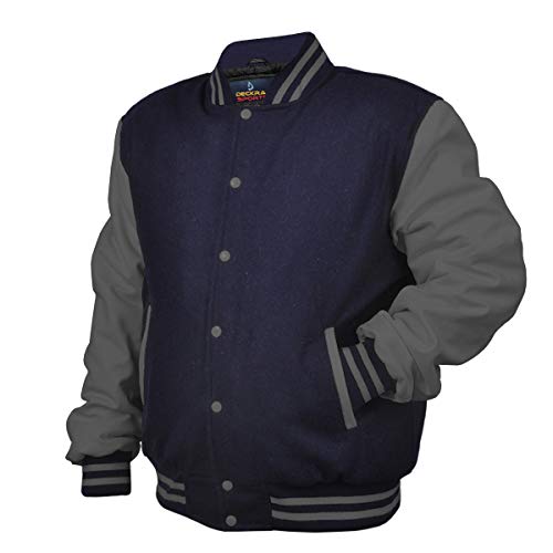 Image of Deckra Men's Varsity Jacket Genuine Leather Sleeve and Wool Blend Letterman Boys College Varsity Jackets XS-5XL