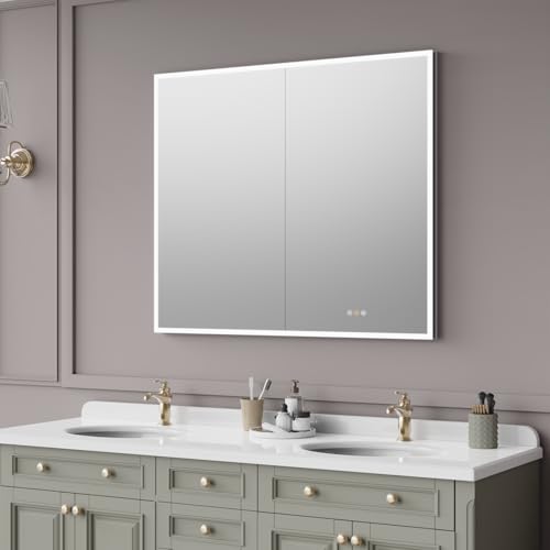tunuo Recessed Medicine Cabinets for Bathroom with Mirror, Only Recessed Medicine Cabinet with Defogger, Dimmer, Outlets & USB, Three Doors, 42"x 36"