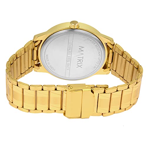 Matrix Blue, Black & Silver Dial, Day & Date Functioning, Stainless Steel Strap Analog Watch for Men & Women (Gold)