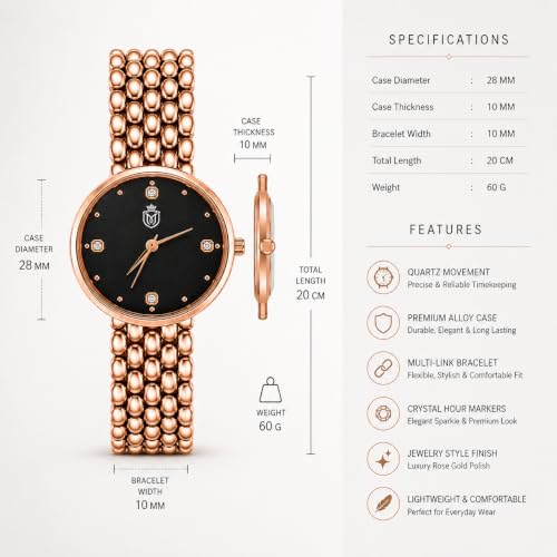 Image of MOOVER Analog Watch for Women & Girls | Luxury Bracelet Style Ladies Wrist Watch | Crystal Dial with Premium Stainless Steel Chain Strap | Fashion Watch for Daily Wear, Party & Gift