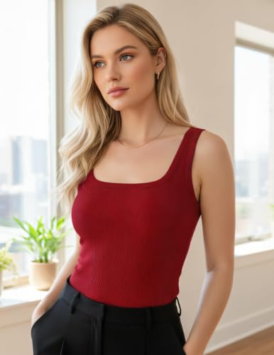 LETSEE Ribbed Tank Tops for Women Scoop Neck Sleeveless Fitted Camisole Basic Summer Knit Top Slim Casual Y2K Red - image 2