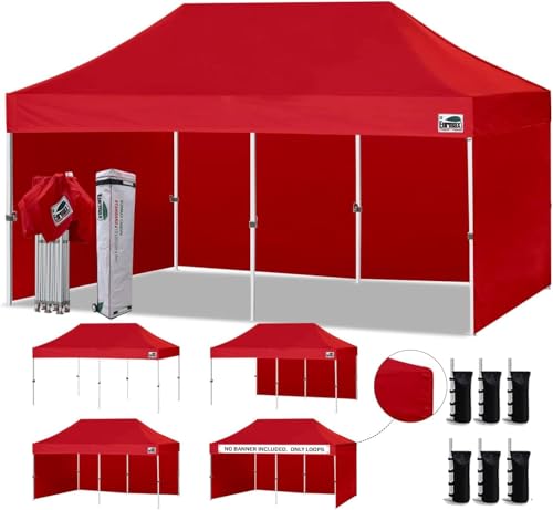 Image of Eurmax USA 10x20 Pop Up Canopy Tent,Commercial Tent with Patented No-Tip Rolling Bag,4 Zippered Removable Walls,UV & Water Resistant Canopy Top,Heavy Duty Outdoor Gazebo,Instant Shelter(Red)