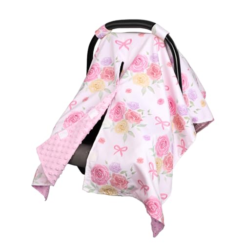 Baby Car Seat Cover for Boys Girls, Winter Infant Carseat Cover for Babies, Peekaboo Opening Nursing Cover Carseat Canopy, Warm Carrier Cover for Newborn, Pink Flower