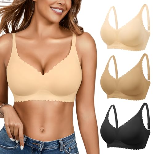 Seamless Jelly Bras for Women 3 Pack - Deep V Wireless Push Up No Wire Womens Bra Padded Comfort with Support for Gifts Black+skin+nude X-Large