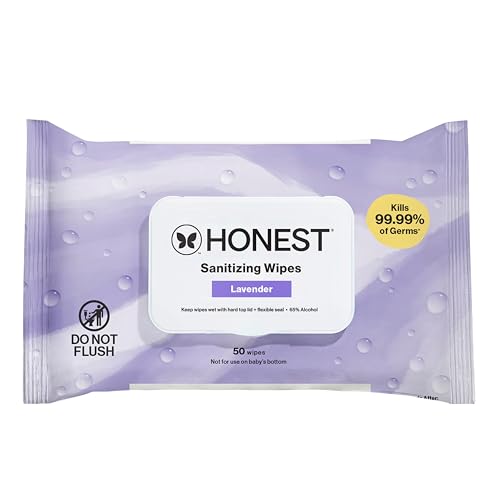 Image of The Honest Company Lavender Sanitizing Wipes, Kills 99.99% of Germs, Safe for All Hands, Antibacterial, Dermatologist Tested, 50 Count