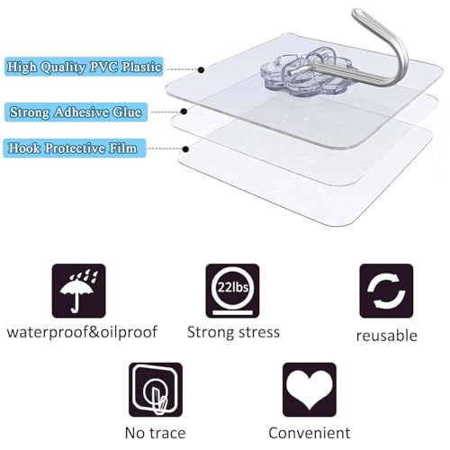 Image of Pubiao Polyvinyl Chloride Transparent Self-Adhesive Hooks Sticky Hook Non-Slip Heavy Duty for Kitchen, Bathroom, Clothes, Office, Ceiling Hanger -12 Pack